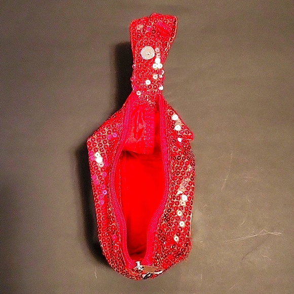 NEW Red Sequined Novelty Evening Clutch, Bow Handle, Transparent Sides, Bow - Picture 9 of 9
